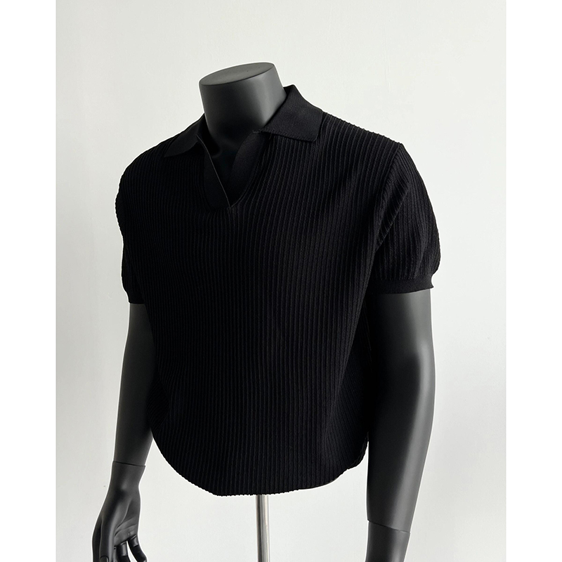 Camiseta Polo de cuello V de manga corta de hombre de cuello de gaviota con solapa de textura de negocios de Gran Bretaña camiseta de seda de hielo de verano comercio exterior transfronterizo al por mayor