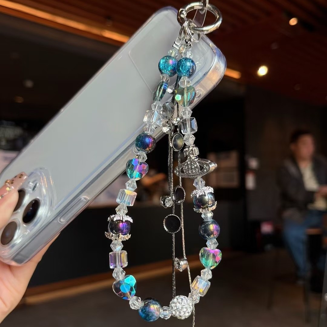 Cable de teléfono móvil de alto nivel, la emperatriz imperial del oeste Saturno, el planeta, cuentas de cristal, cuentas de fresa, cadenas de teléfono móvil hechas a mano, colgantes de muñeca