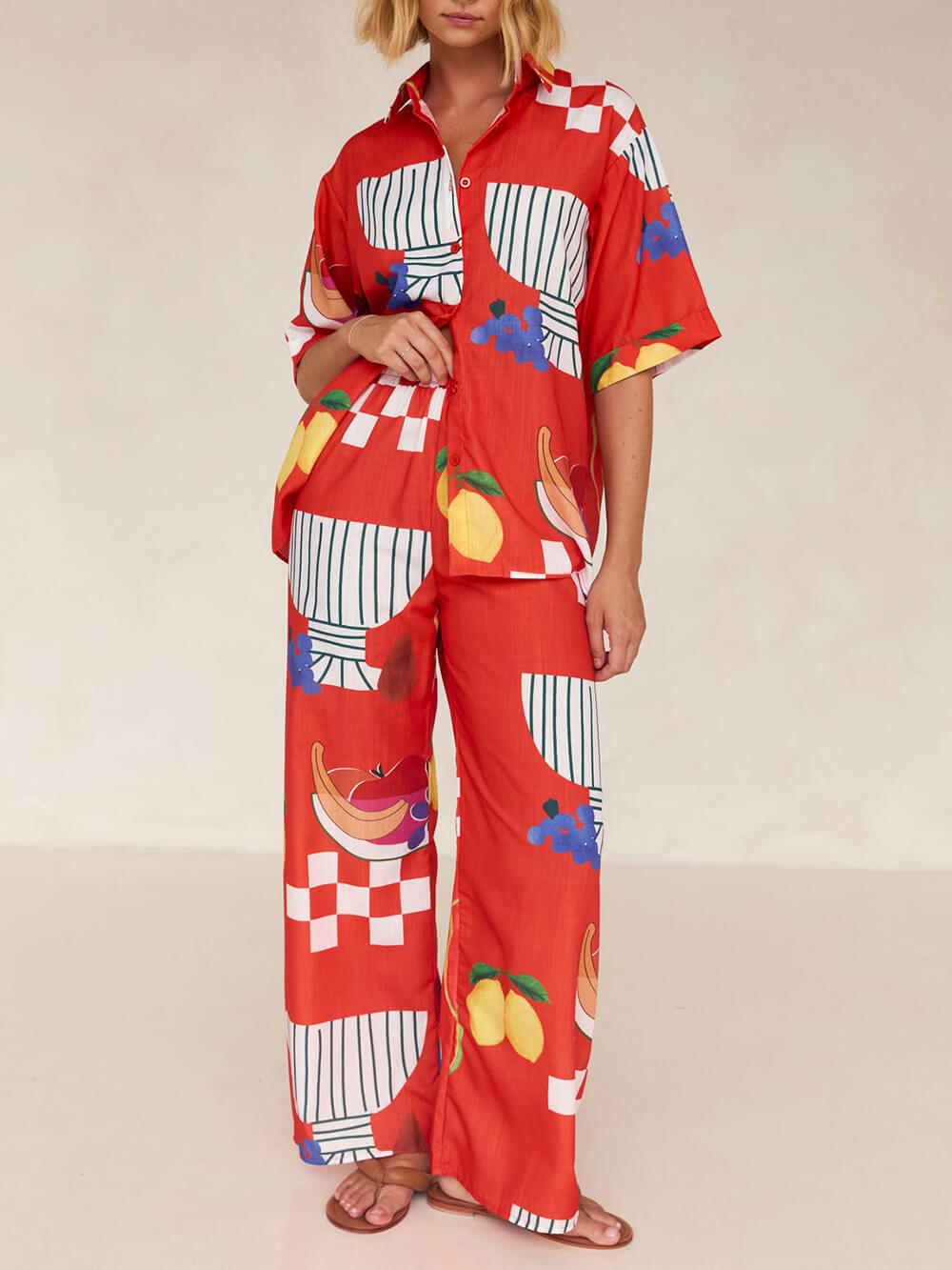 Vacances Du Quotidien Femmes Vacances Plaid Fruit Polyester Impression Bouton Ensembles De Pantalons Ensembles De Pantalons display picture 3