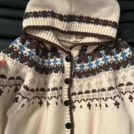 韩国冬季慵懒软糯连帽单排扣费尔岛提花设计毛衣开衫针织衫潮