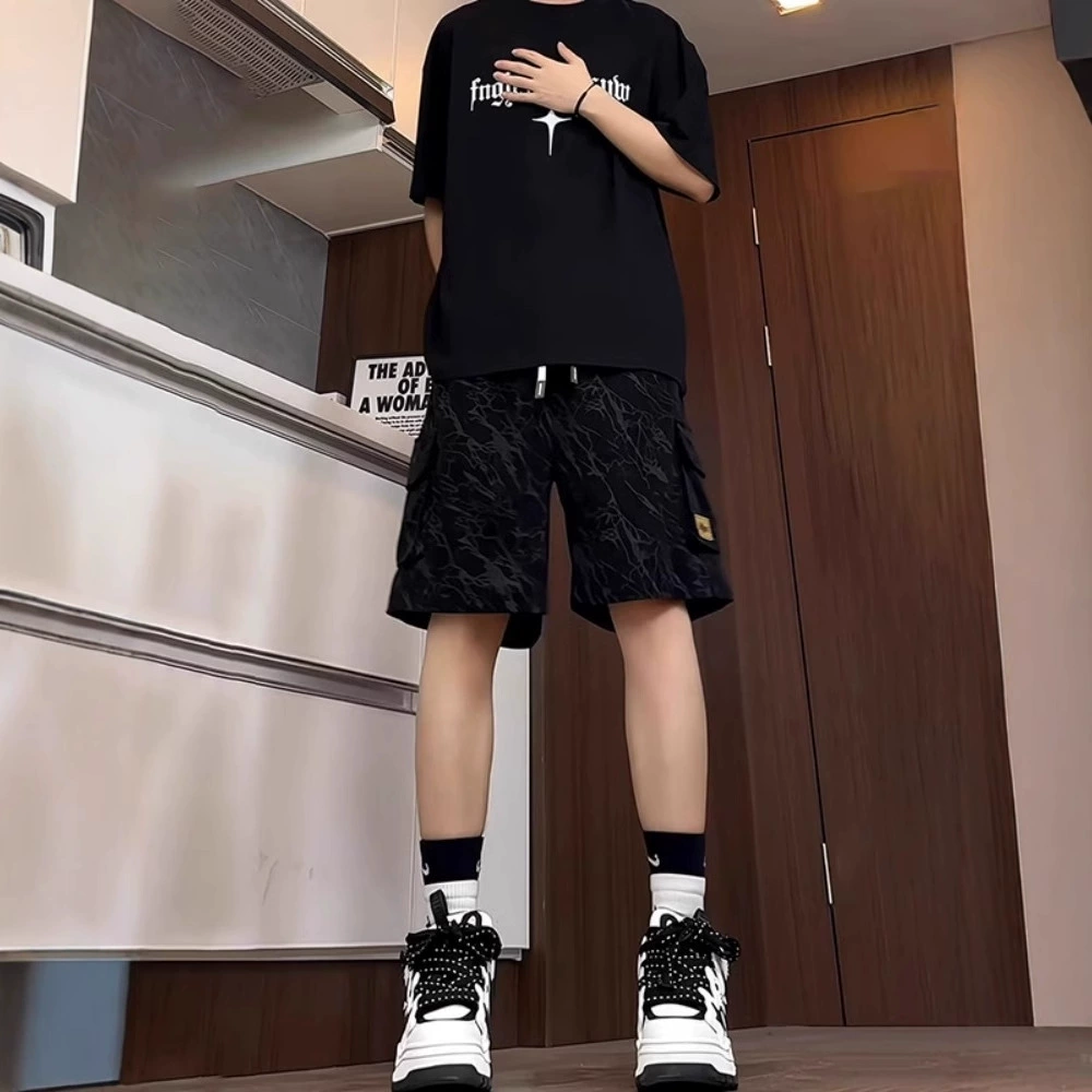 Черные 5-балльные шорты прилив бренд красивый жареный уличный мужской летний американский штаны vibe