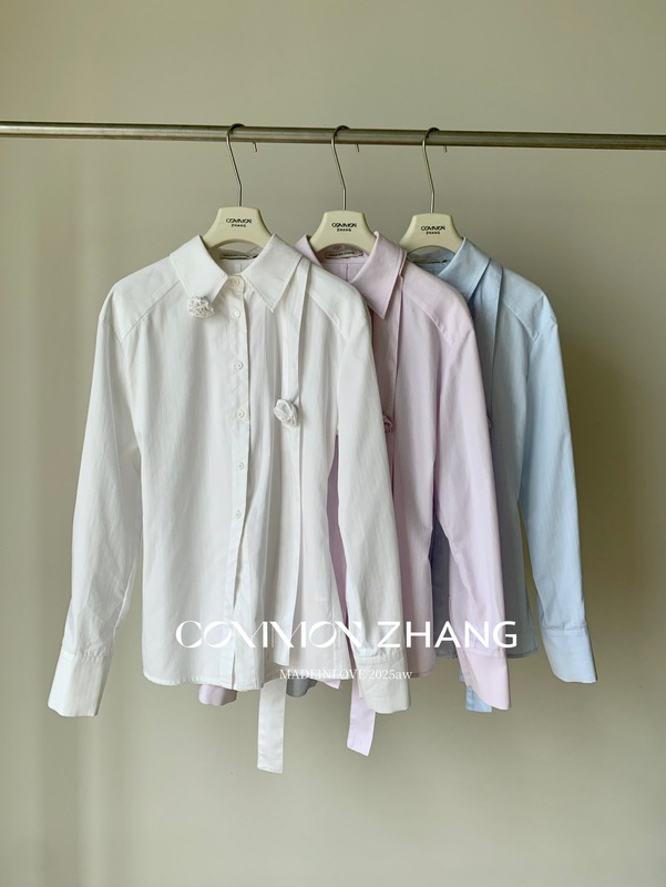 CZ ZHANG秋季法式俏皮手工花拼接系带腰扣纯色质感百搭小衫B33088|undefined