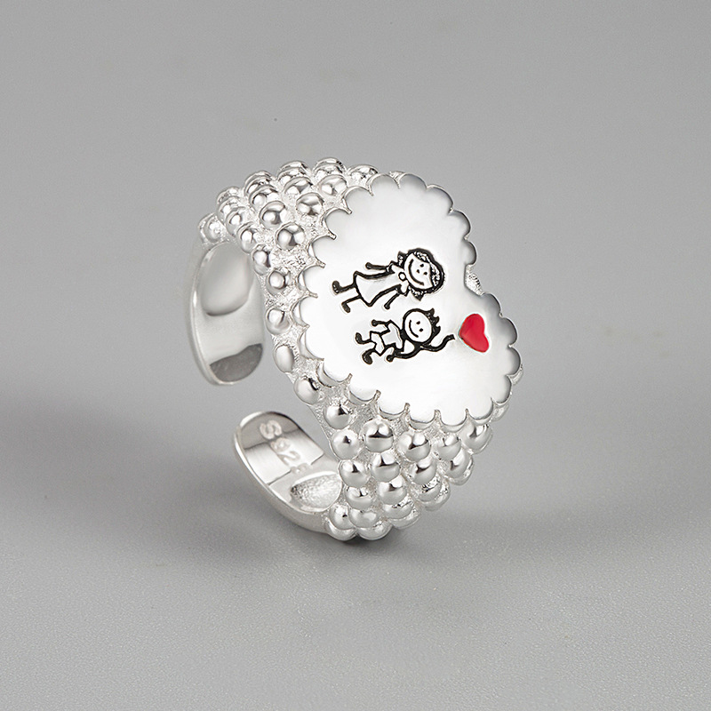 Fashion 925 sterling silver sketch parent-child heart-shaped ring pineapple particle edge open ring
