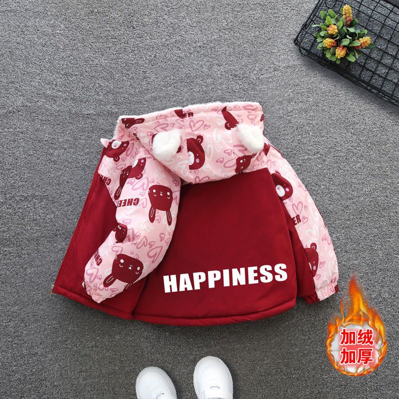 中小童宝宝秋冬款棉服外套女童韩版卡通字母印花加绒加厚连帽夹克