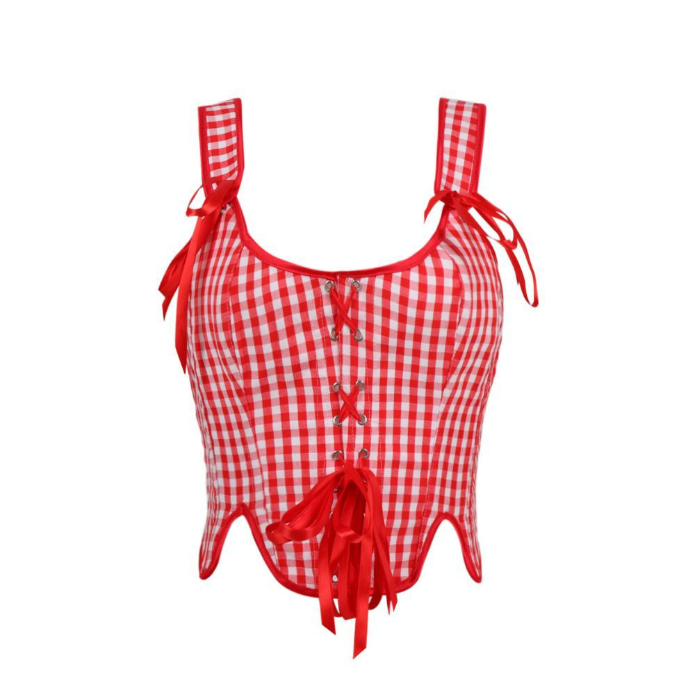 Nuevo estilo pastoral de doble hombro estampado a cuadros corsés de mujer plástico chaqueta Amazon venta rápida temu productos transfronterizos