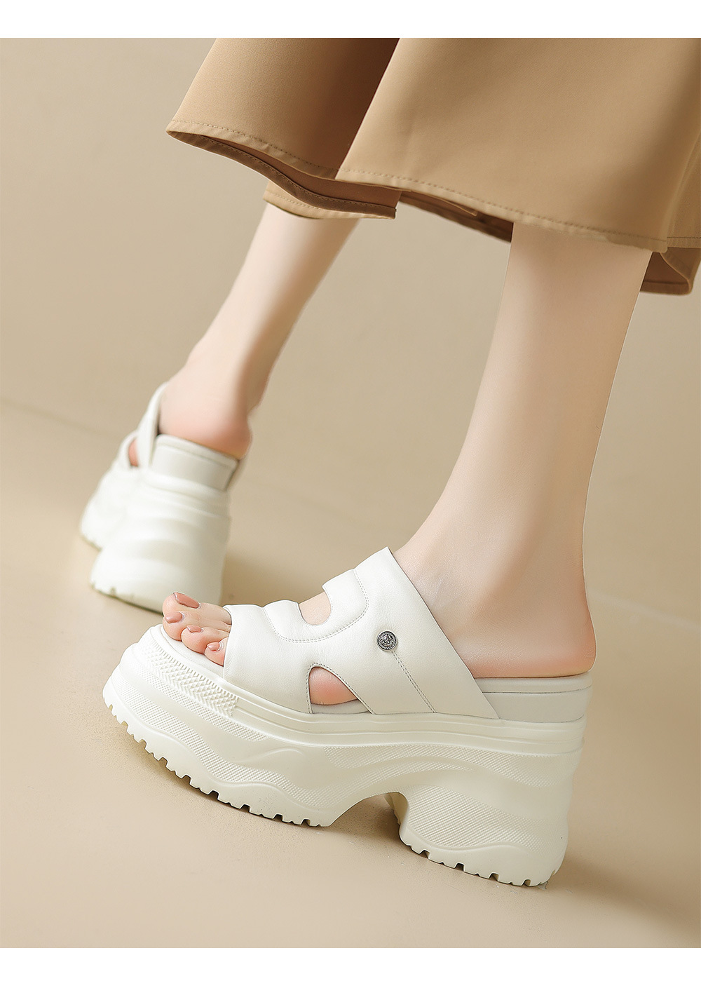 Dép sandal cao gót nữ hở mũi quai ngang da thật đế dày — Màu đen, Màu trắng chi tiết 1