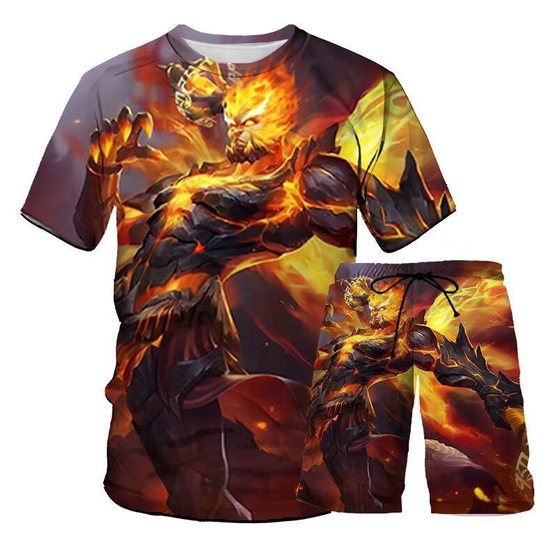 Foreign Trade Honor of Kings Sun Wukong Hellfire Set Shorts Short-Sleeve T-Shirt Spring/Summer Outfit for Middle School Students Trendy Cosplay T-Shirt