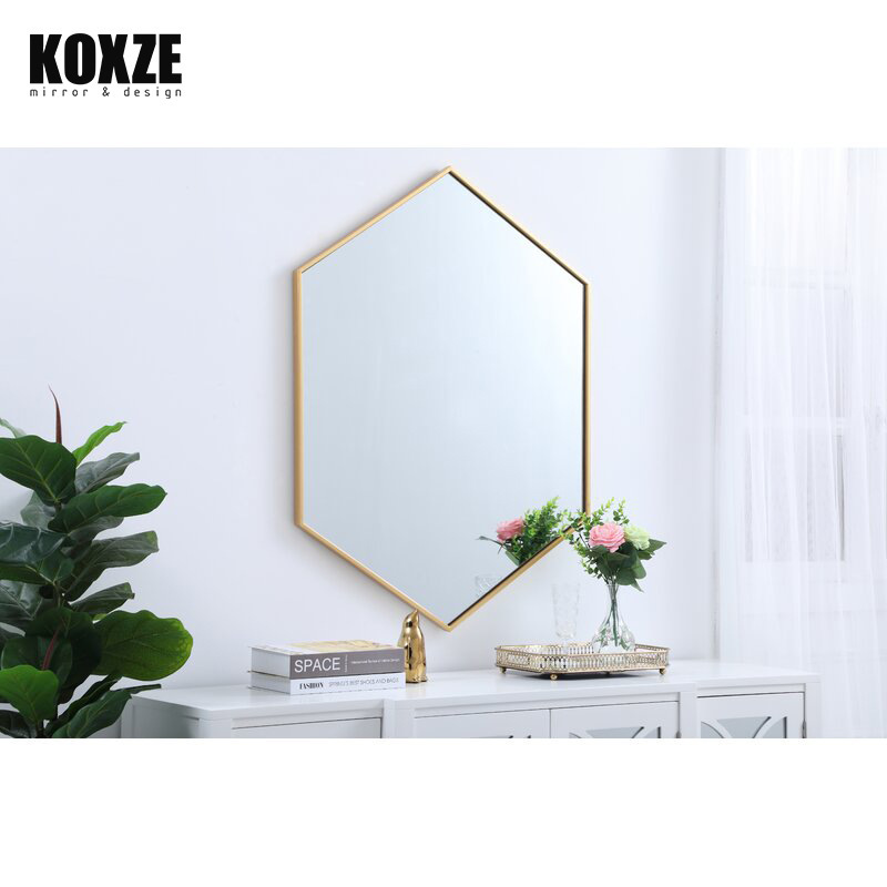 Hexagonal Brushed Stainless Steel Mirror Frame Nordic Dressing Table Mirror European Style Gold Plated Bathroom Wall Mounted Mirror Design