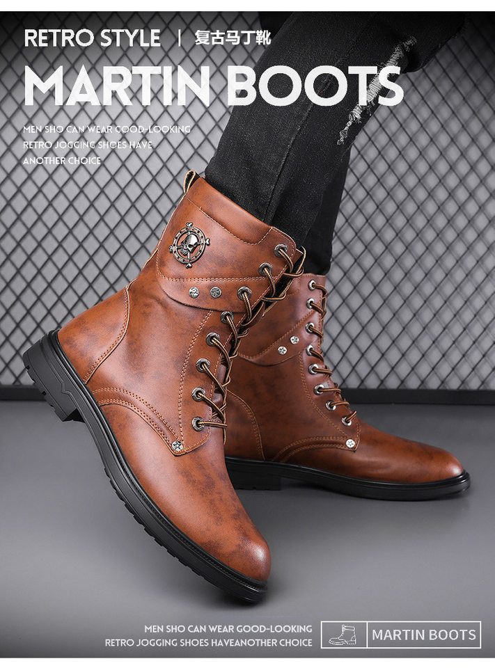 Giày bốt Martin nam cổ cao dây buộc mũi rộng phong cách denim, đế cao su chống trượt thoáng khí nhẹ nhàng — Màu nâu lót bông, Màu nâu lót da, Màu đen lót bông, Màu đen lót da chi tiết 9