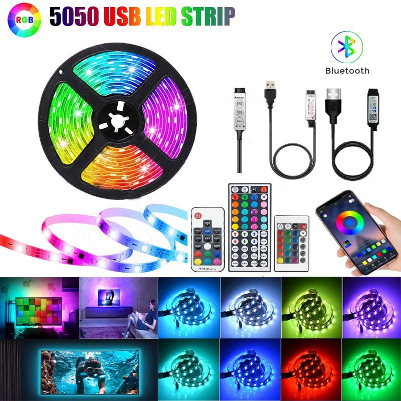 LED-лента RGB 5050, USB 5V низкое напряжение, синхронизация музыкой через Bluetooth, варианты длины/плотности