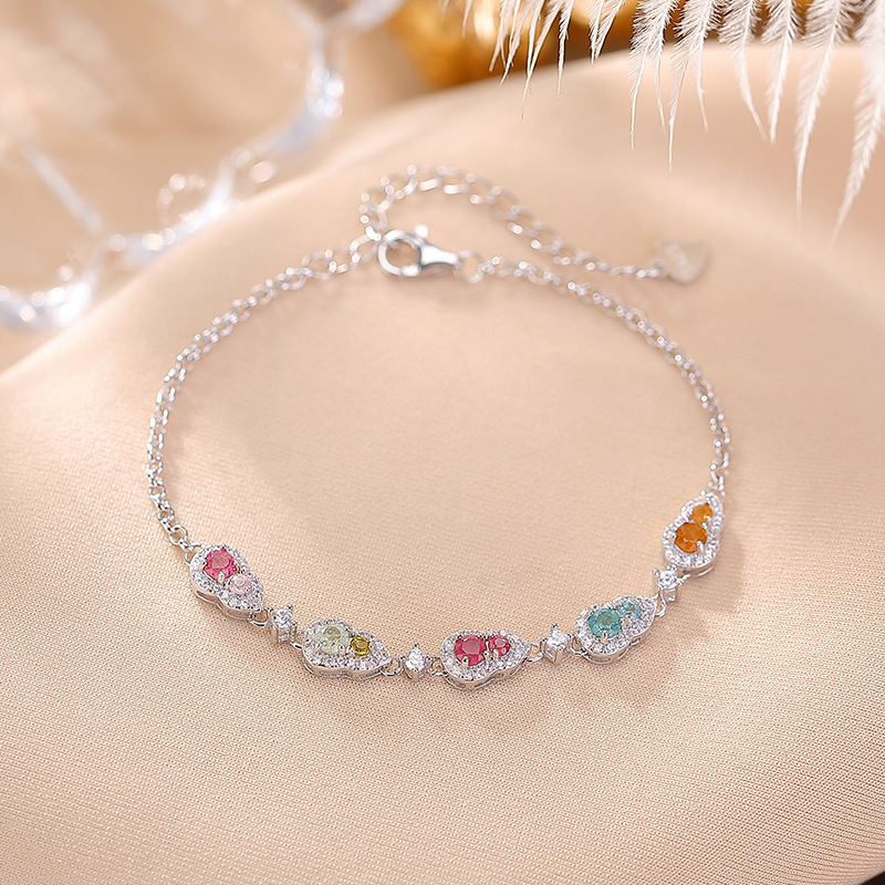 Vòng tay nữ bạc S925 mạ vàng hồng đính tourmaline nhiều màu phong cách Trung Quốc — Mẫu bạc (màu tourmaline là ngẫu nhiên)