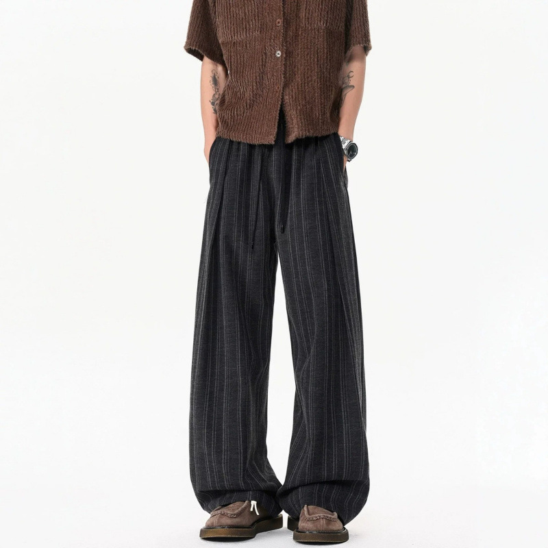 American High Street Style Color-Block Vertical Striped Casual Trousers for Men, Summer Trendy Brand Loose Fit Drapey Floor-Length Casual Pants