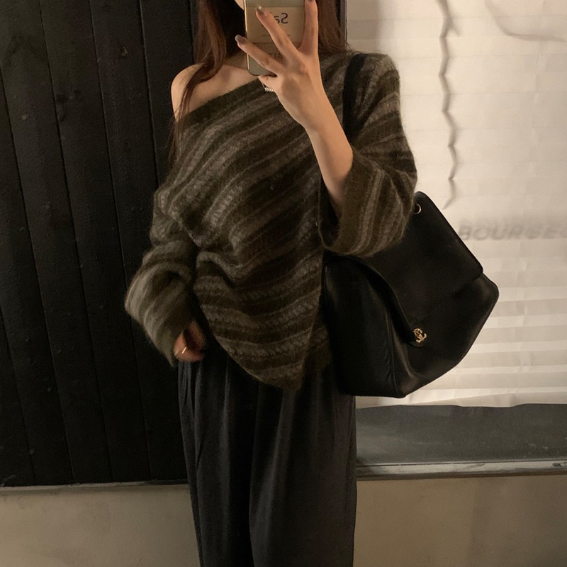European and American fashion off-shoulder mohair sweater for women, 2026 autumn new women's hollow striped wool knitwear