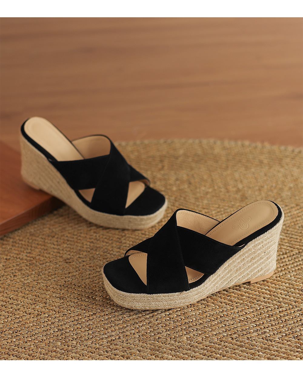 Sandal cao gót nữ quai ngang đế xuồng đan dày — Màu đen chi tiết 19