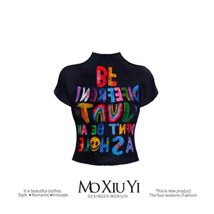2025 New Spring/Summer Jin Jing Same Style Artist Graffiti Black Letter Trendy American-Style Ruched T-Shirt