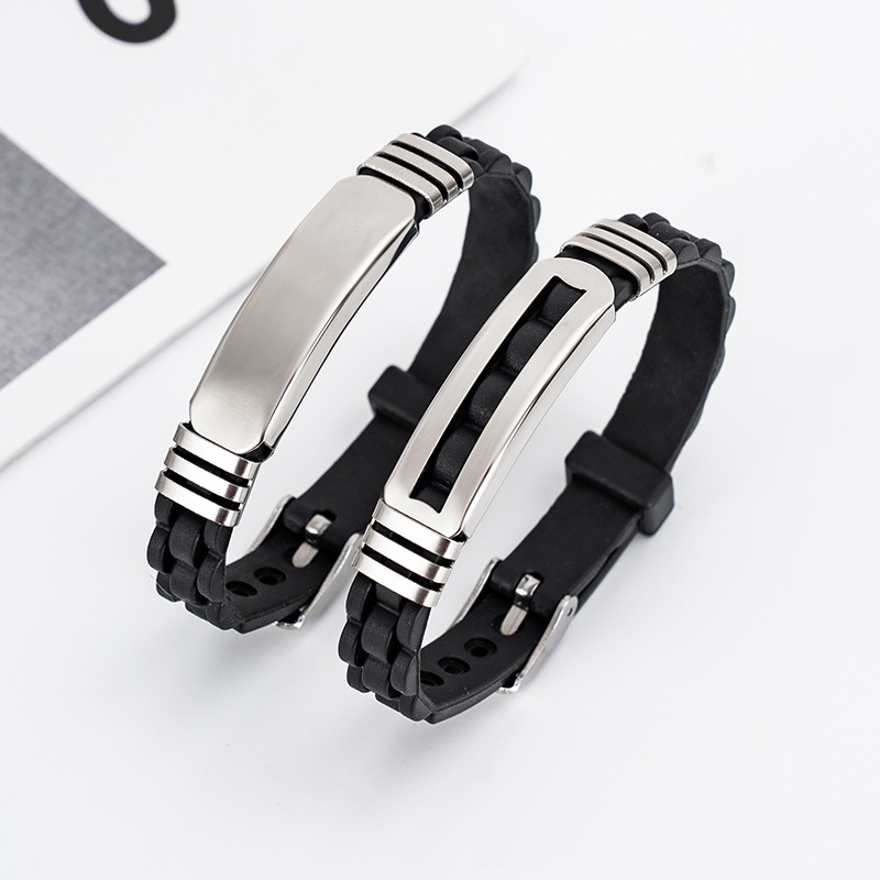跨境外贸新款男士朋克硅胶手环ins情侣个性刻字礼物不锈钢手链
