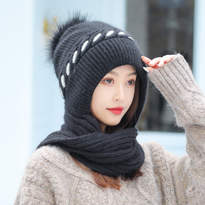 Scarf one-piece hat women's winter one-piece wool rabbit fur hat warm thickened knitted pullover hat cycling ear protection tide