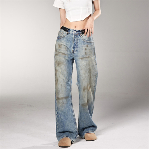 Vintage American Retro Niche Design Men's and Women's Washed Distressed Punk-Chic Wide-Leg Straight Leg Dirty Jeans
