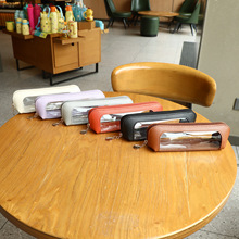 PU皮革笔袋开窗简约透明笔袋学生大容量笔盒皮革化妆笔包LOGO定制