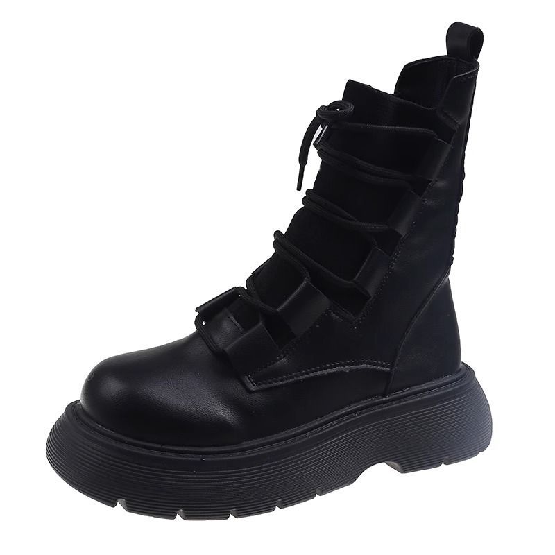Martin boots women's single boots 2023 new style British style mid-calf thick-soled elastic knitted large-head strap slim boots WX-2_voghion.com