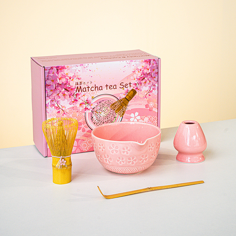 日本製抹茶茶器セット 桜ボウル 注ぎ口付き 8点セット フルセット カラーボックス ピンク付き|undefined