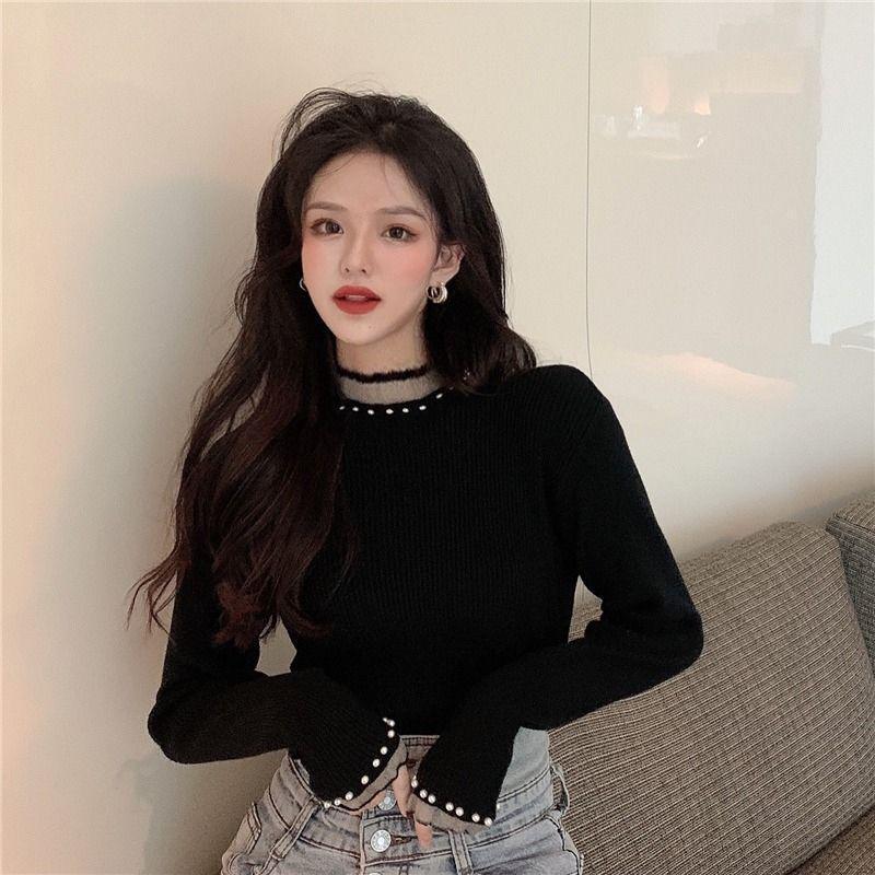 Half-High Collar Black Long-Sleeved Sweater for Women, Knitted Inner Layer for Autumn and Winter, Pearl-Embellished Base Top, Slim-Fit, Elegant Style Half-High Collar Black Long-Sleeved Sweater for Women, Knitted Inner Layer for Autumn and Winter, Pearl-Embellished Base Top, Slim-Fit, Elegant Style