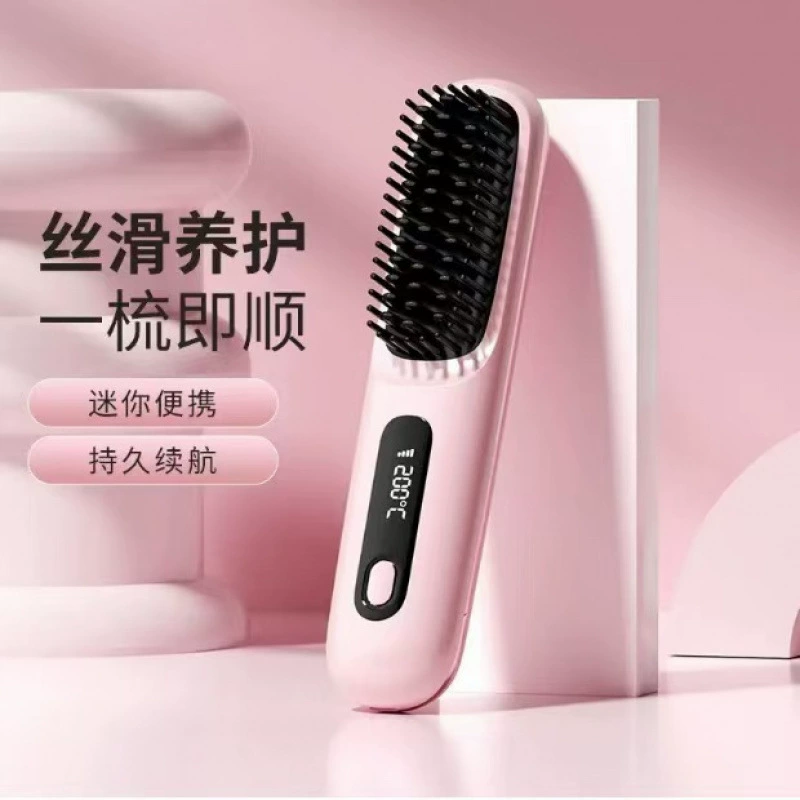 Wireless Portable Ceramic Hair Straightening Brush, Rechargeable, Ionic, Compact