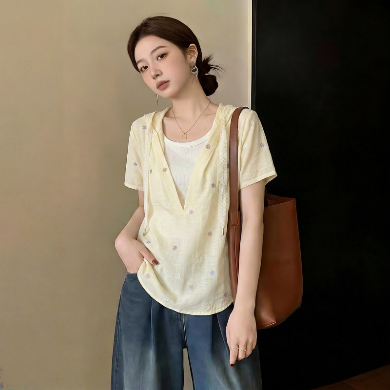 Áo sơ mi ngắn tay phối mũ trùm dáng rộng che bụng cho nữ size lớn — xanh lam chi tiết 3