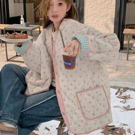 两面穿复古碎花小清新拼色格子棉服女2025新款秋冬加棉外套女棉衣