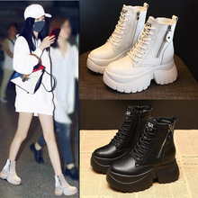 2025秋冬新款马丁靴女厚底百搭短靴黑色白鞋内增高松糕底一件代发