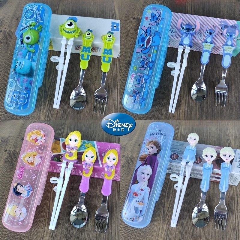 Disney Children's Tableware suit 304 Stainless Steel Household Fork Spoon 3D Cartoon Shape Practice Chopsticks