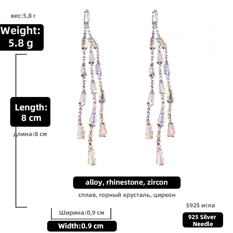 6g Weight Artificial Gemstones Inlay Material Earrings Classification Housewarming, Anniversary, Business, Wedding, Travel, Birthday, Festival Occasion Rhinestone Material Tassel Pattern Women'S Gender Fashion Style Silver Color Wholesale Fashion Inlaid Rhinestone Zircon Tassel Long Earrings Nihaojewelry 1