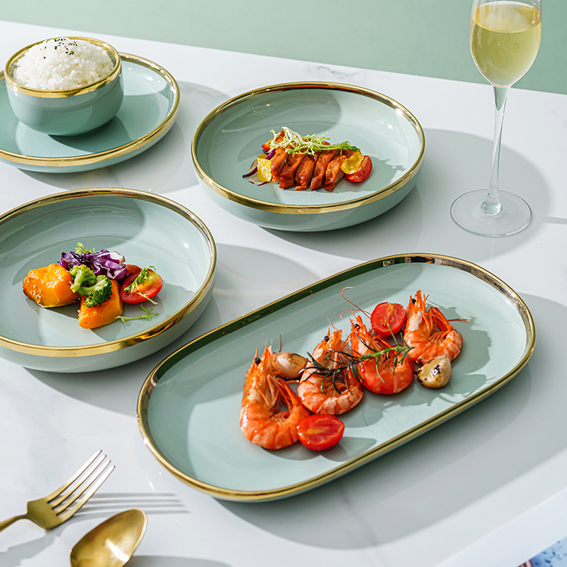 Tazón de lujo ligero y palillos placa combinación hogar creativo tazón de sopa de cerámica nórdica plato de pescado Internet celebridad borde dorado vajilla tazón y plato traje