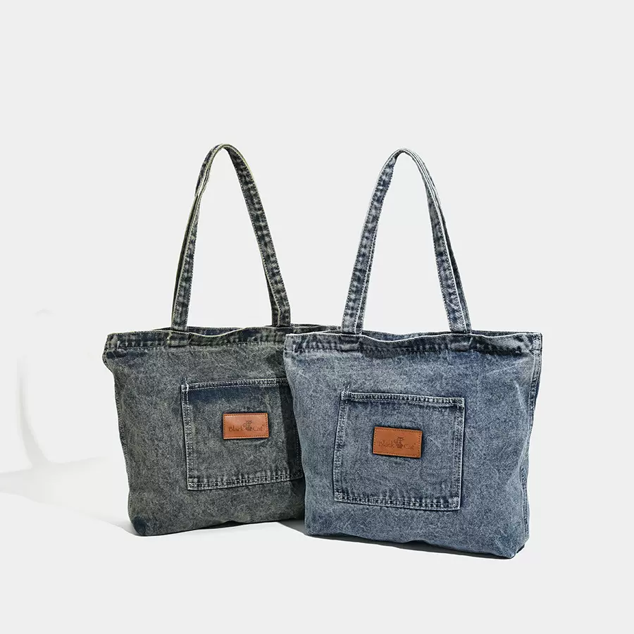 多功能大容量牛仔单肩包 创意BLACK CAT手提包 通勤牛仔托特包