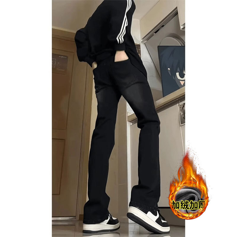 New Trendy Retro Loose Straight Casual Pants for Men, Autumn and Winter Slim Fit Black Fleece-Lined Flared Jeans New Trendy Retro Loose Straight Casual Pants for Men, Autumn and Winter Slim Fit Black Fleece-Lined Flared Jeans