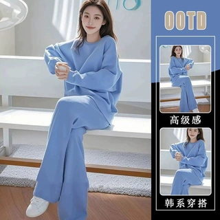 2025年超火开春穿搭套装女韩系慵懒风蓝色气质休闲纯色卫衣阔腿裤