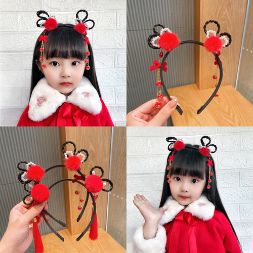 Baby wig braid tassel flower headband girls New Year red hair accessories children ancient style Hanfu style headband