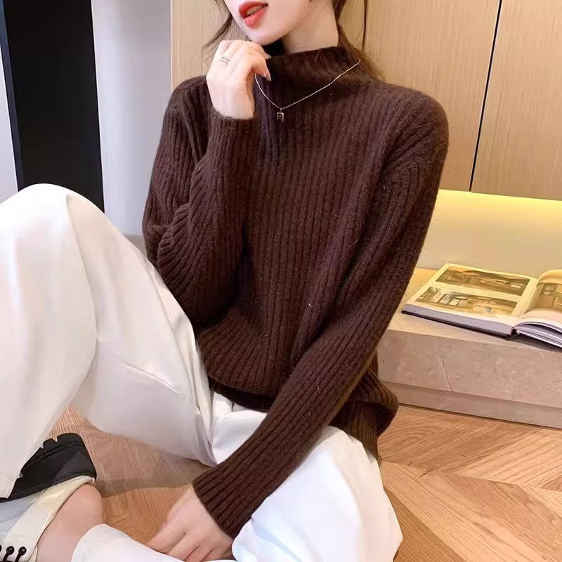 半高领毛衣女秋冬新款厚款针织衫洋气百搭坑条打底衫内搭宽松上衣|undefined