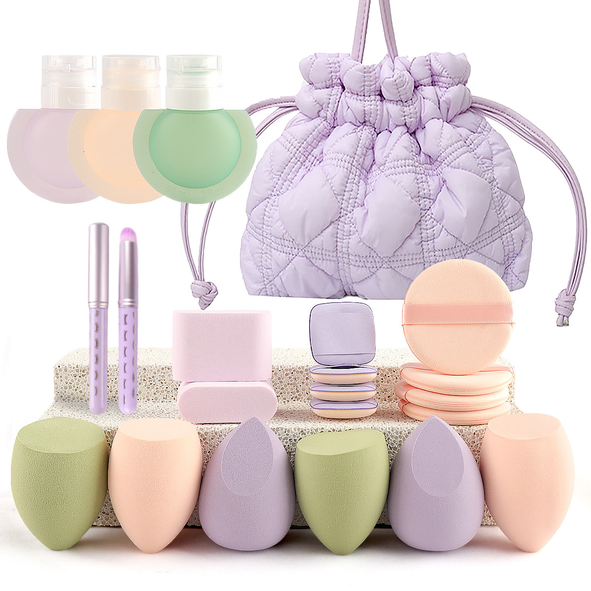 22 paquetes de viajes esenciales herramientas de maquillaje con bolsas de puntos más botellas de lápiz labial cepillo en stock al por mayor