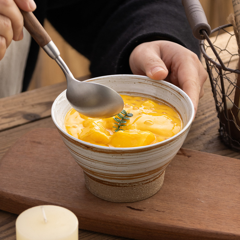 Japanese-Style Ins Handmade Rustic Pottery Vintage Tableware with Brushstroke Pattern, High-Footed Dessert Bowl, Household Rice Bowl, Salad Bowl Wholesale