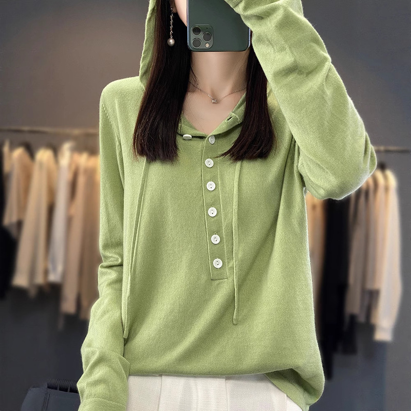 New Solid Color Hooded Wool Knitwear for Women, Spring & Fall Outer Wear and Inner Wear, Elegant Pullover, Slim Long-Sleeved Bottoming Shirt