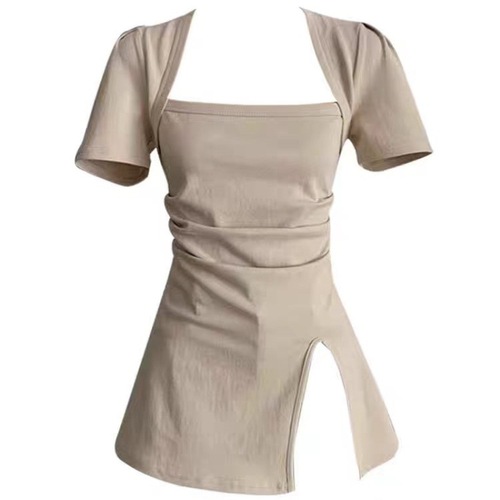 French Pure Desire Style Split Collar Short Sleeve T-shirt for Women 2025 Summer Design Focused Uncommon Chic Mini Top