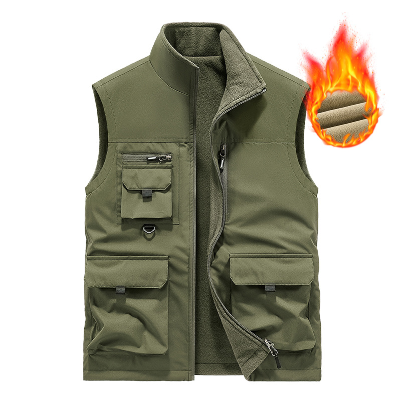 Cross-border chaleco de terciopelo de doble cara hombre ocio collar chaleco al aire libre hombro chaleco de pesca hombre de mediana edad chaleco de bolsillo