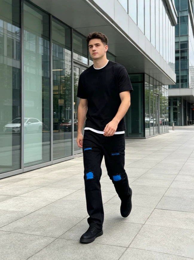 Jeans Rotos con Parches para Hombre, Mezclilla de Algodón, Elástico, Corte Ajustado, para Uso Casual