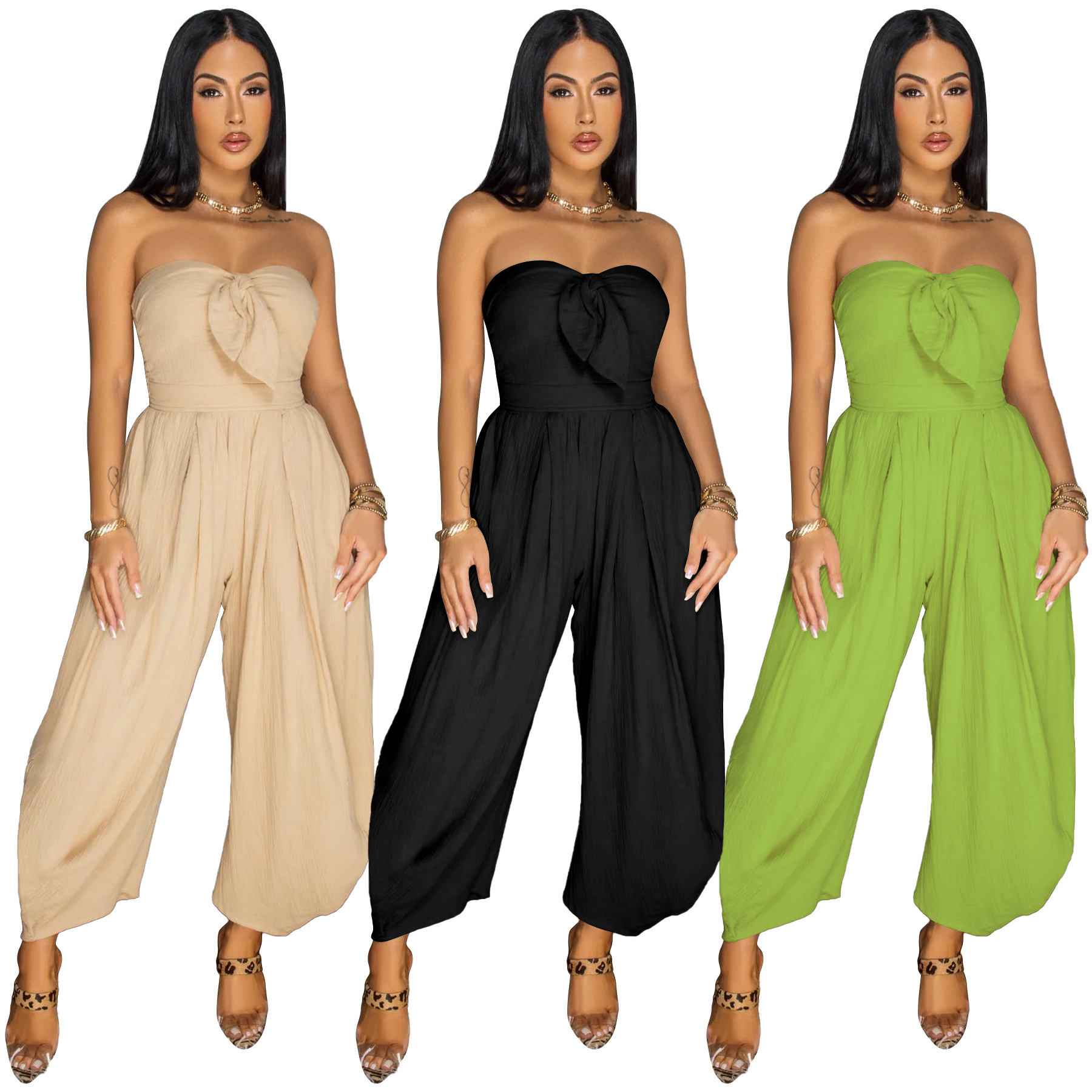 Sexy Damen-Jumpsuit mit Bandeau-Ausschnitt, einfarbig, Sommer, Neu, Direktvertrieb_voghion.com