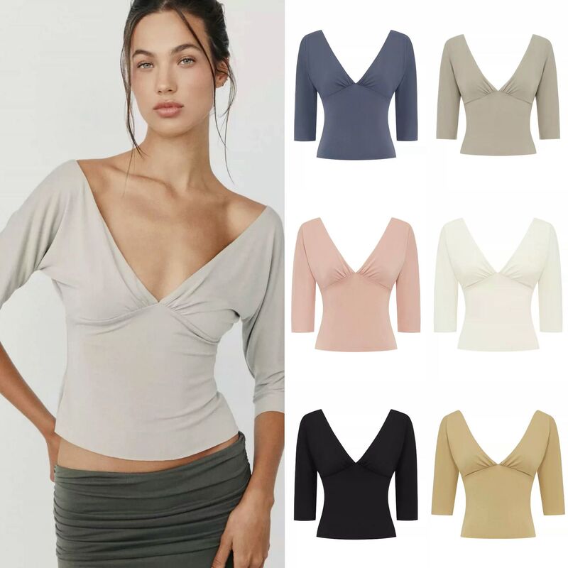 withjean Hailey's same style American hot girl pure desire retro deep V-neck mid-sleeve waist-cinching slim-fit top T-shirt