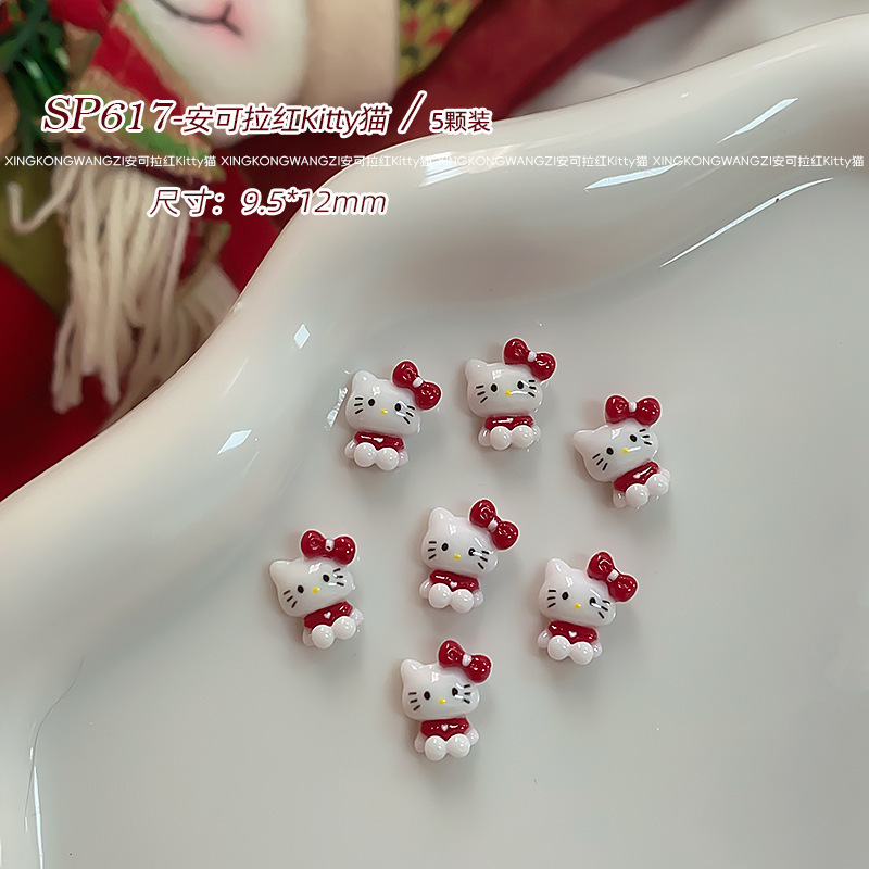 安可拉红凯蒂猫卡通美甲饰品网红kitty猫红色蝴蝶结新年指甲钻饰|undefined