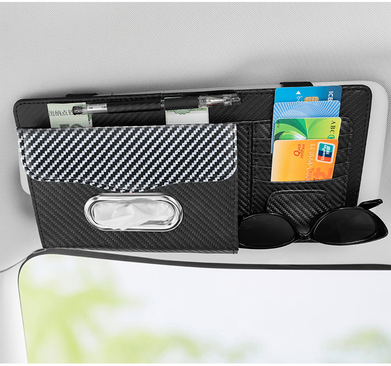 Cross-Border Car Carbon Fiber Pattern Sun Visor Glasses Holder Bill Holder Car Multi-Function Card Holder Tissue Bag Sunglasses Holder