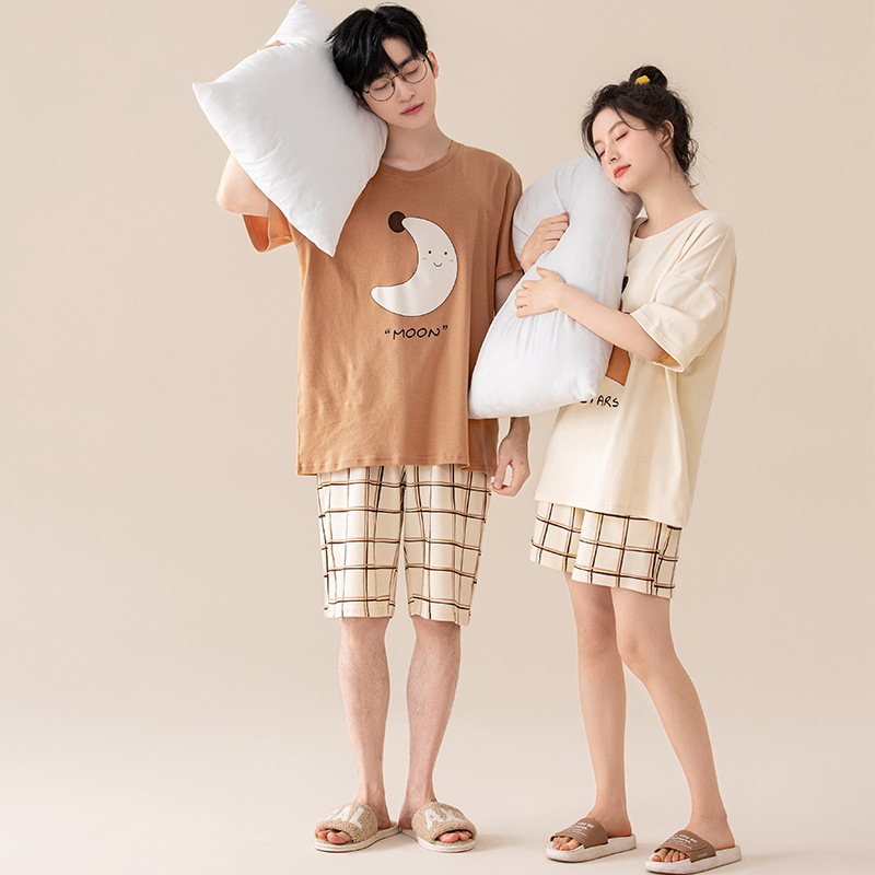 [Antibacteriano] Pijamas de pareja de verano de algodón puro para hombres y mujeres de manga corta de dibujos animados lindo casual se puede usar fuera del traje de servicio a domicilio