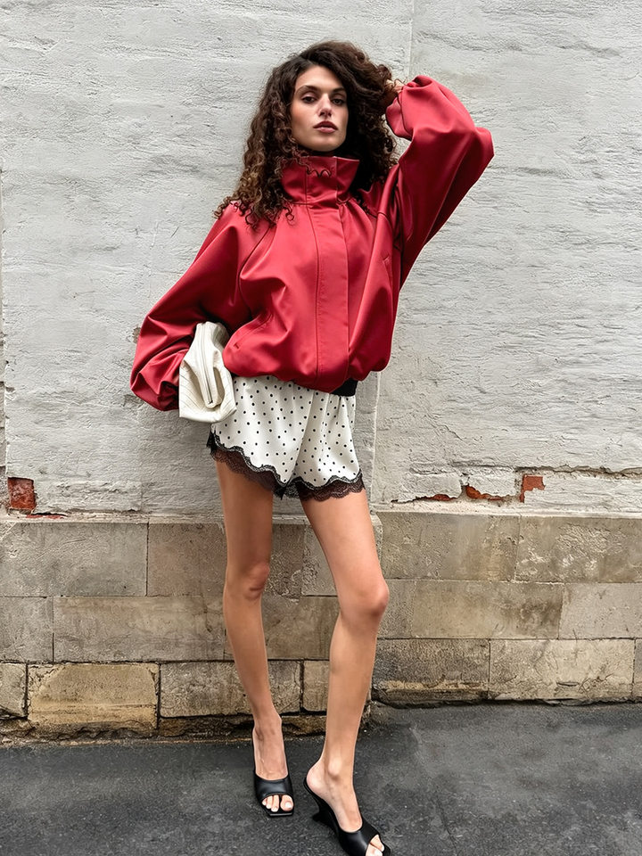 Áo khoác jacket satin cổ đứng tay hoa tulip dáng rộng — Màu hồng, Màu xanh dương, màu đỏ chi tiết 19